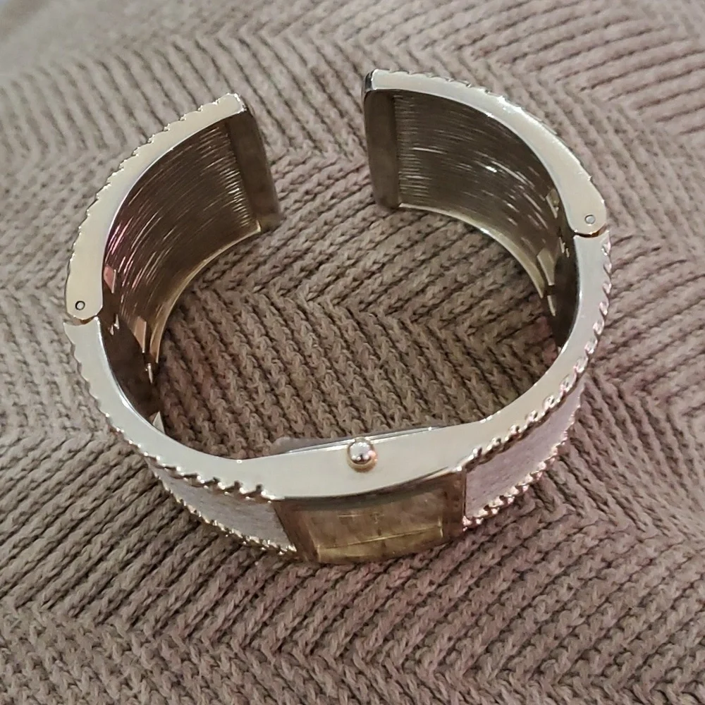 STUDIO TIME QUARTZ WATCH ANIMAL PRINT WIDE CUFF HINGE CREAM GOLD TONE